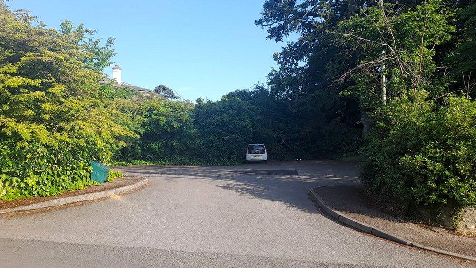 Idsall Drive car park surrounded by greenery with only one car parked on the site.