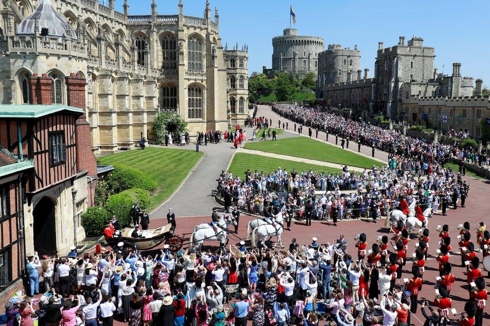 Prince Harry, Duke of Sussex and his wife Meghan, Duchess of Sussex set off in the Ascot Landau Carriage