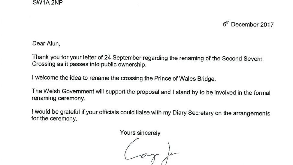 Carwyn Jones' letter supporting the name change