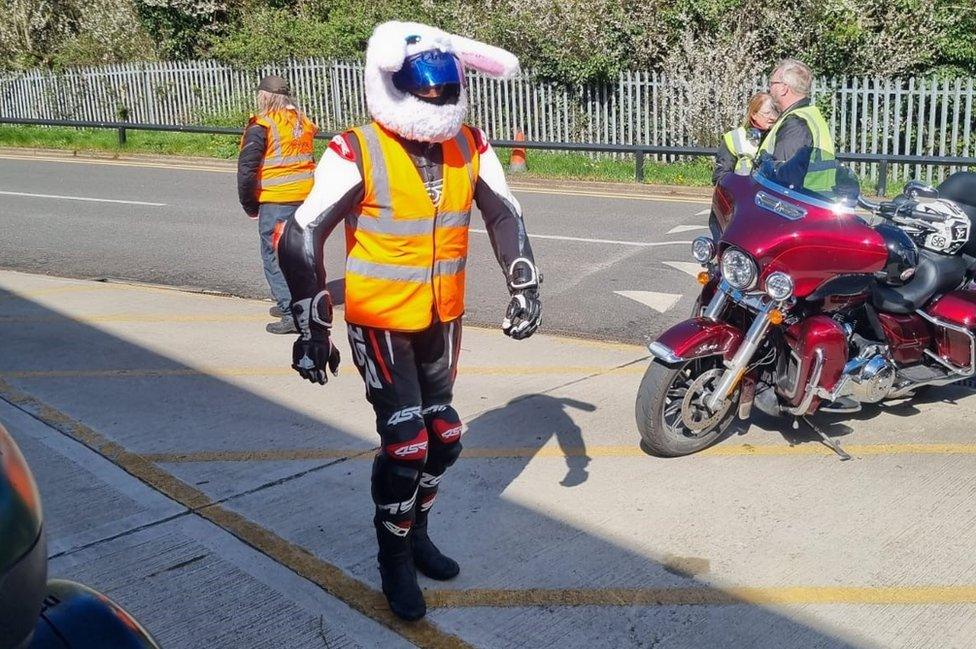 Motorcyclist with bunny ears for Berkshire egg run