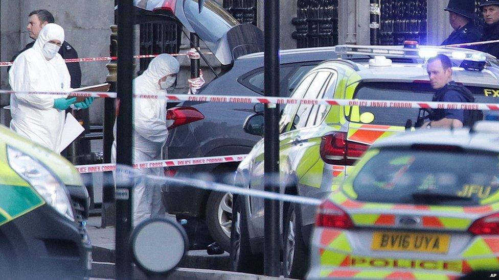 Police forensic officers at the scene close to the Houses of Parliament in London