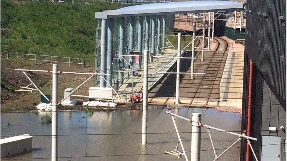 Flooded tram line at Edinburgh Park