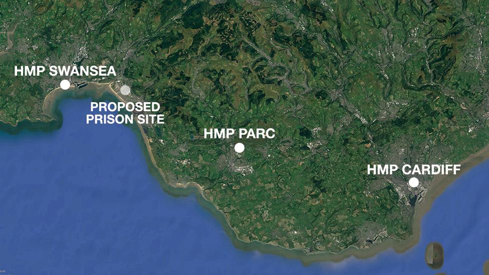 A map showing Swansea, Cardiff and Parc prisons and the proposed Baglan prison site