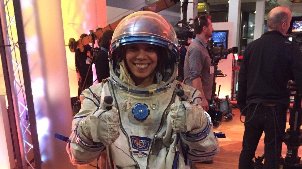 Leah in astronaut suit.