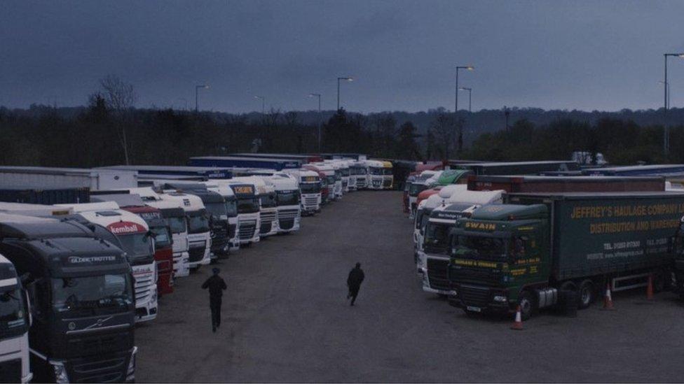 Film still of the service station at Leicester