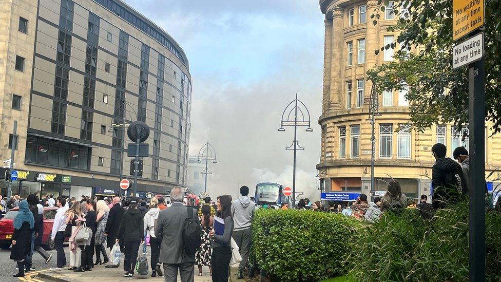 A bus on fire in Bradford