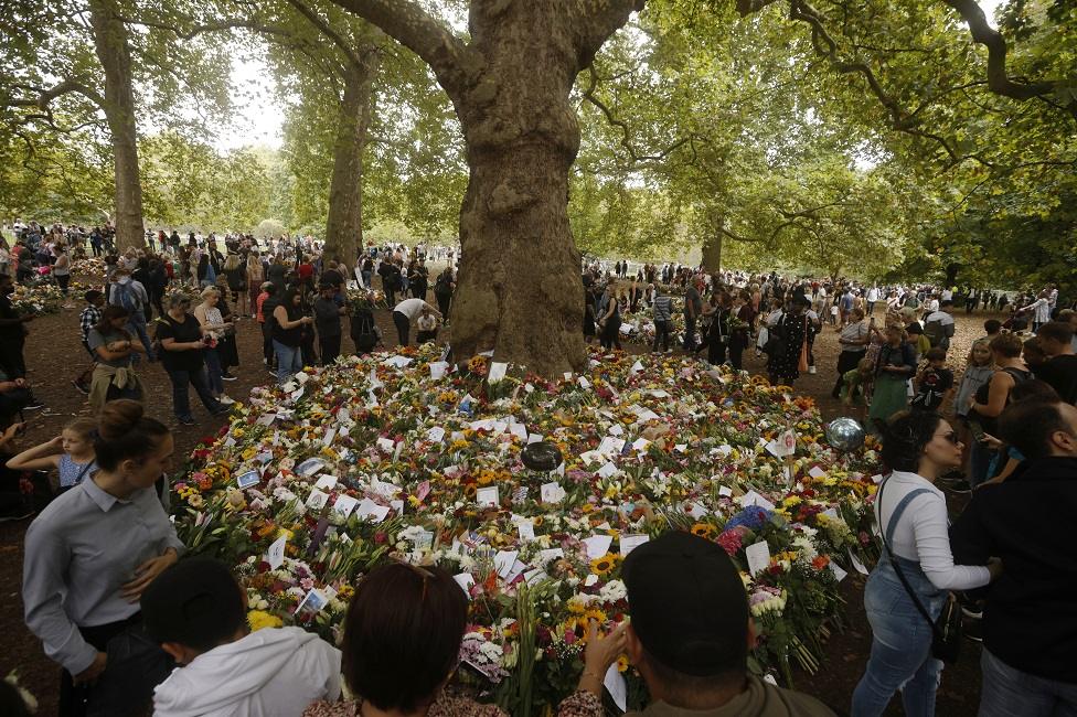 Hundreds of floral tributes have been left in Green Park - near Buckingham Palace