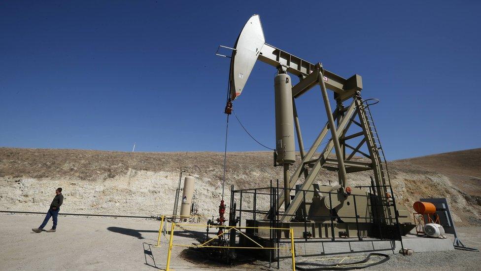 A pumpjack drills for oil in the Monterey Shale, California