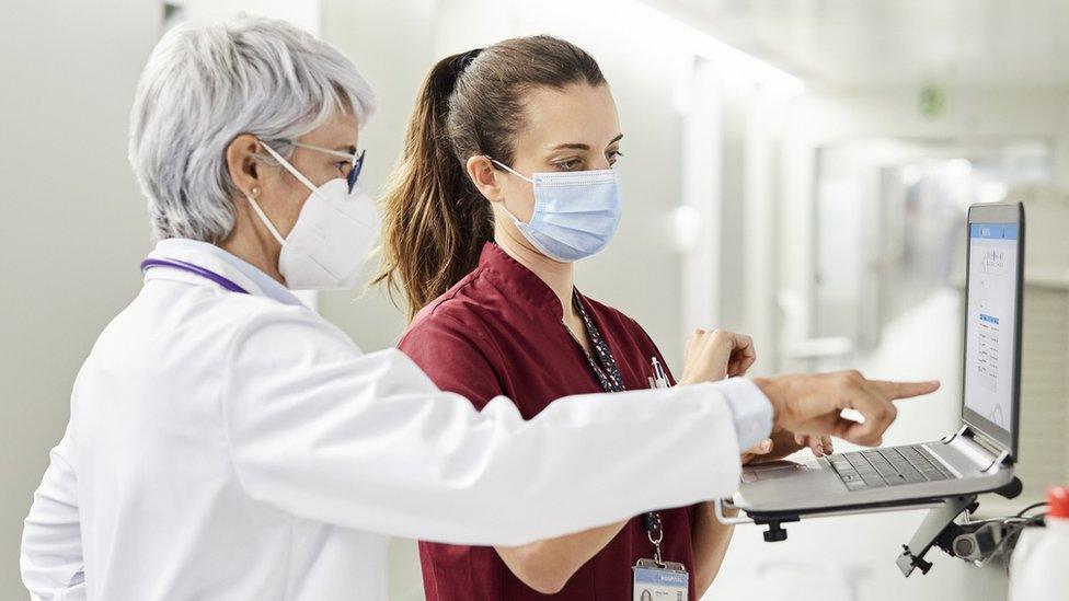 Health workers look at a laptop