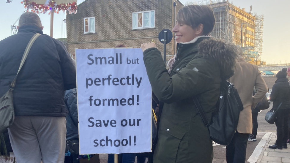 An adult with a sign at the march