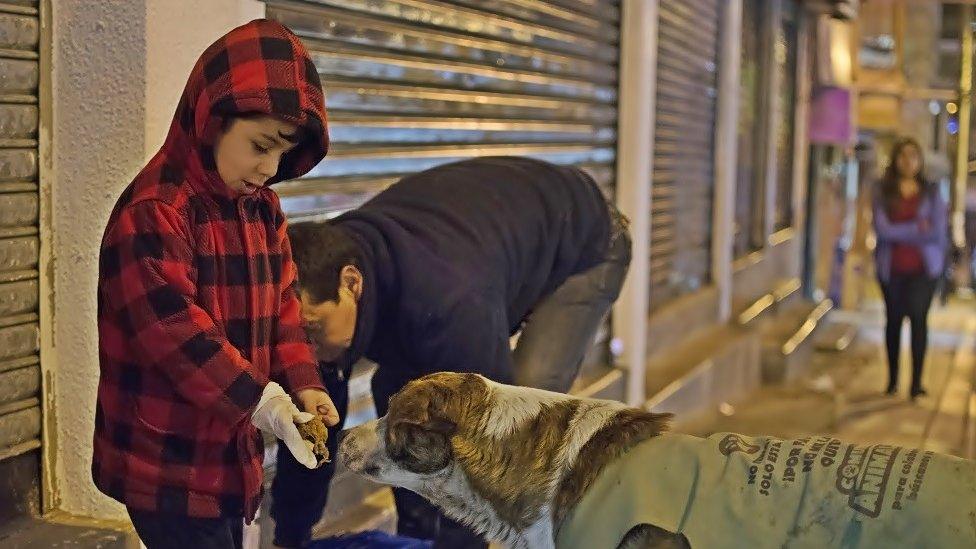 Ferchy and a child feed a stray dog