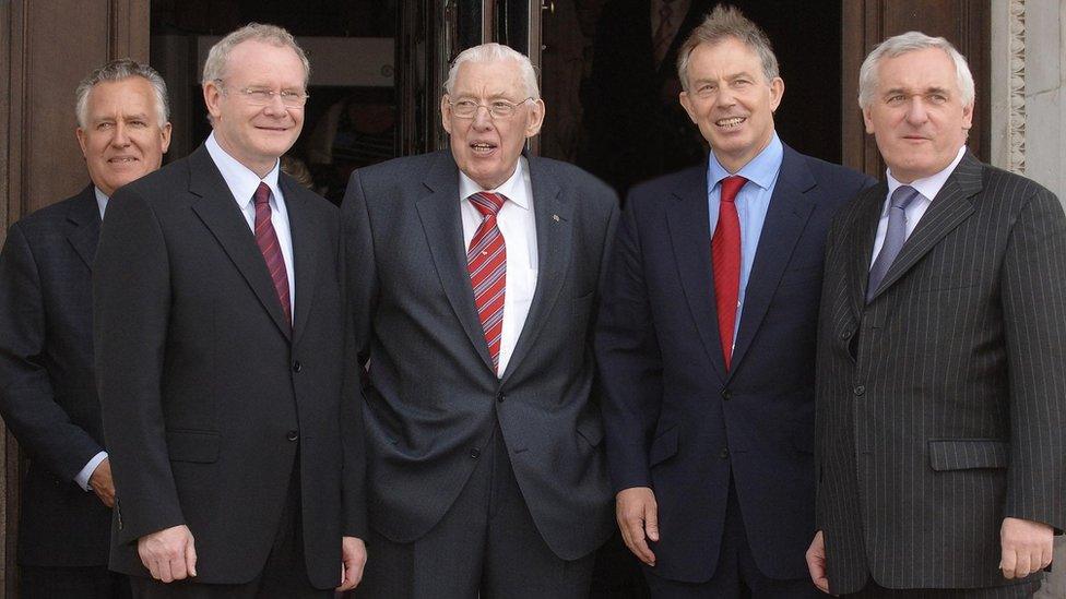 Peter Hain, Martin McGuinness, Ian Paisley, Tony Blair and Bertie Ahern on the day devolution was restored in 2007