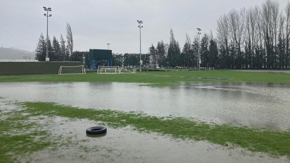 Flooded football pitch in Caersws