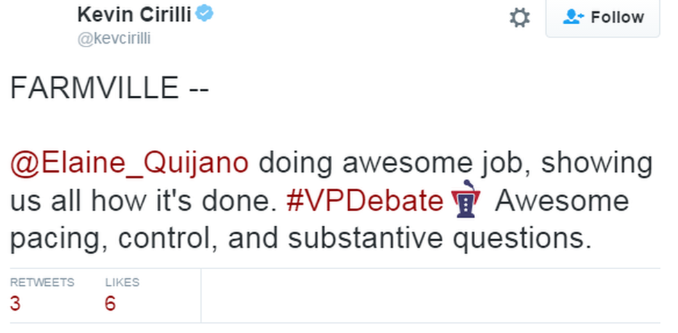 Tweet saying: "@Elaine_Quijano doing awesome job, showing us all how it's done. #VPDebate Awesome pacing, control, and substantive questions."