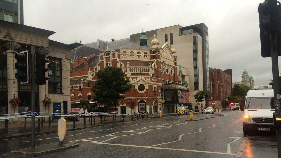 Part of Great Victoria Street has been closed close to the Grand Opera House and Europa Bus Centre