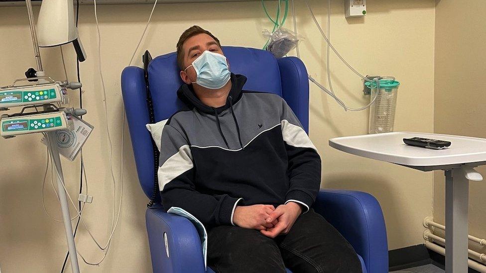 Ben Robinson in hospital during his treatment for grade 3 anaplastic oligodendroglioma