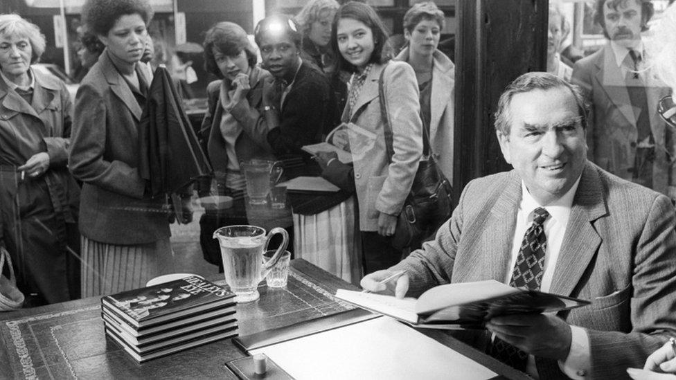 Denis Healey signing copies of his book in 1980