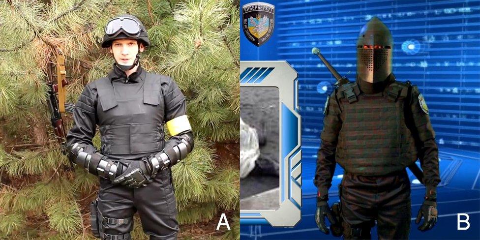 A picture of Dalyant Maximus and one of him in a "knight" uniform in videos released by the hacker group Cyberberkut