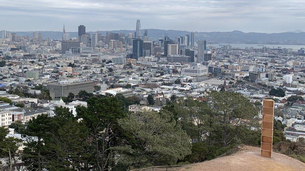 A view of the monolith overlooking the city of San Francisco