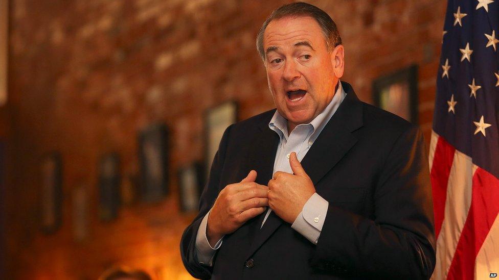 GOP presidential hopeful and former Arkansas Gov. Mike Huckabee, speaks to supporters during a stop at Pepper Sprout, in Dubuque, Iowa, Thursday, June 2, 2015.