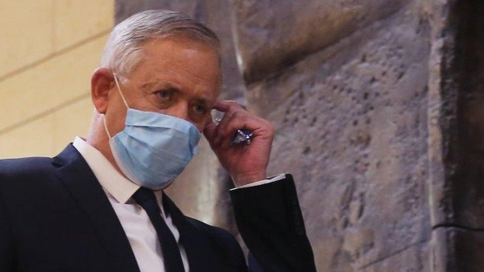 Blue and White Party leader Benny Gantz arrives for a swearing in ceremony in Israel's parliament in Jerusalem. Photo: 17 May 2020