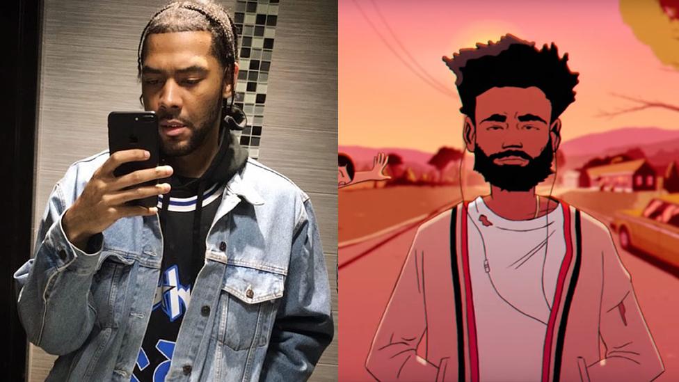 Justin Richburg next to the cartoon version of Childish Gambino