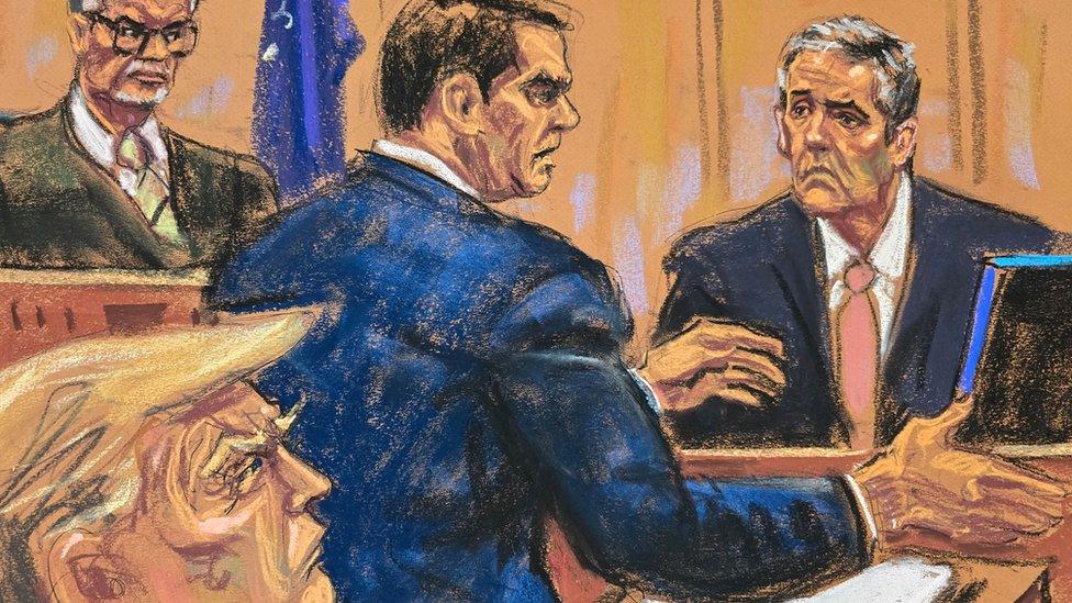 Courtroom sketch of Michael Cohen being cross examined by defence lawyer Todd Blanche