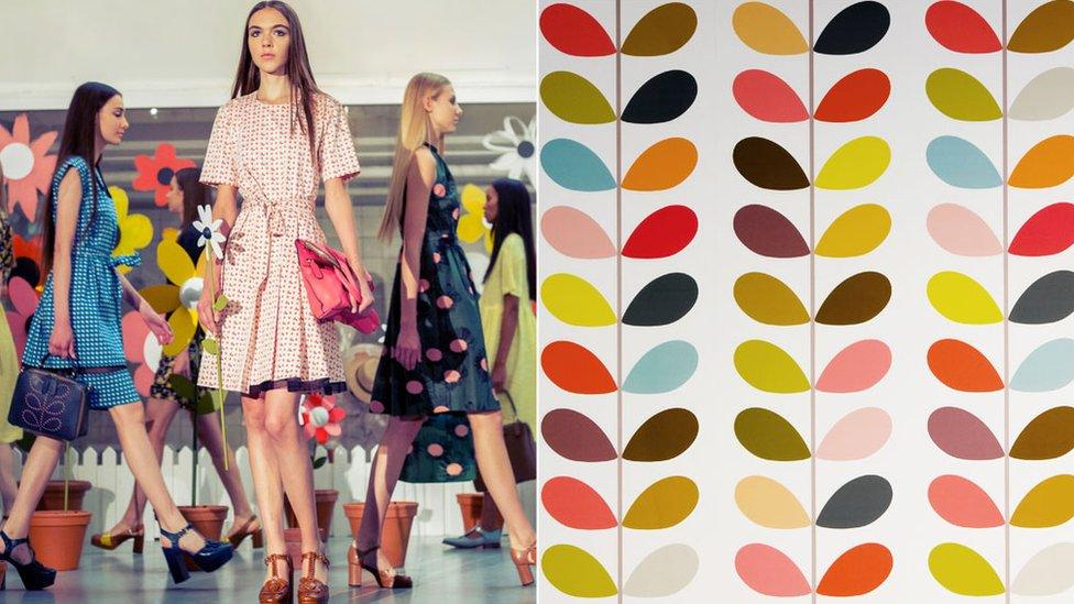 Composite image of Orla Kiely presenting her 2015 Spring Summer collection and a Orla Kiely print design