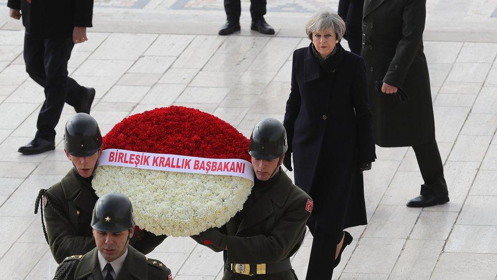 Prime Minister Theresa May lays a wreath at the tomb of Mustafa Kemal Ataturk, the founder of the republic of Turkey in Ankara