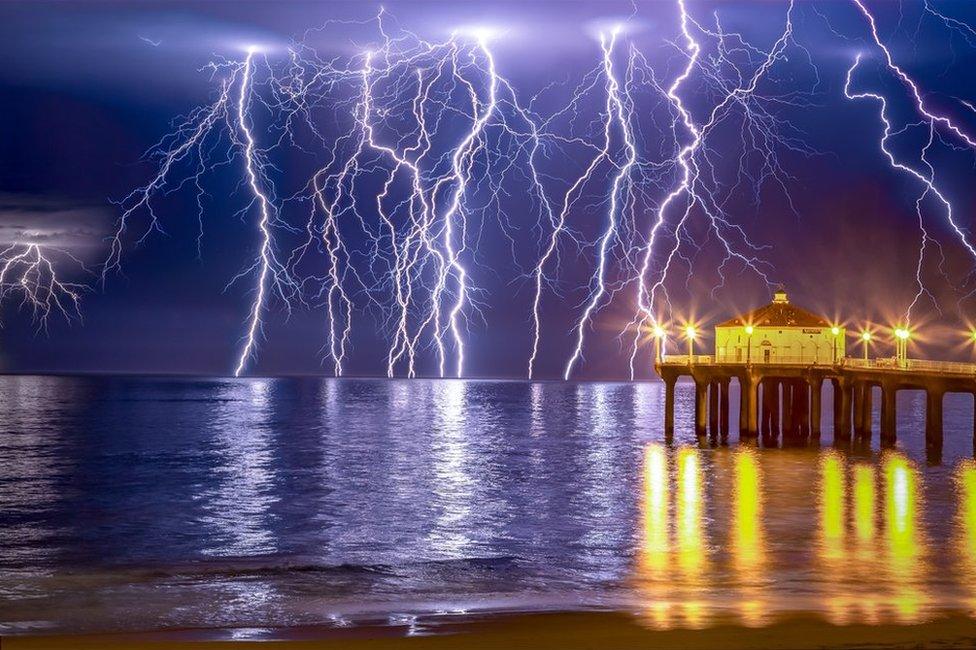 Lightning over Manhattan beach, Los Angeles