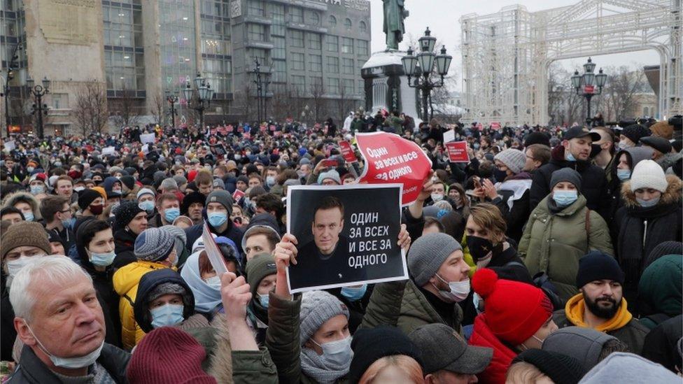 People take part in an unauthorised protest in support of Russian opposition leader and anti-corruption activist Alexei Navalny, in Moscow, Russia, 23 January 2021