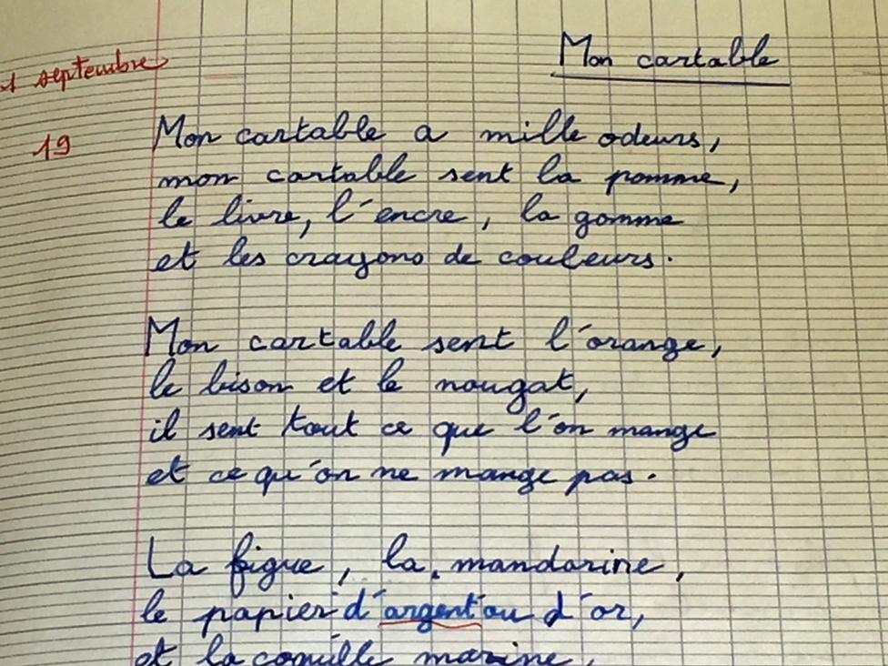 Exercise book with the poem, Mon cartable, written out