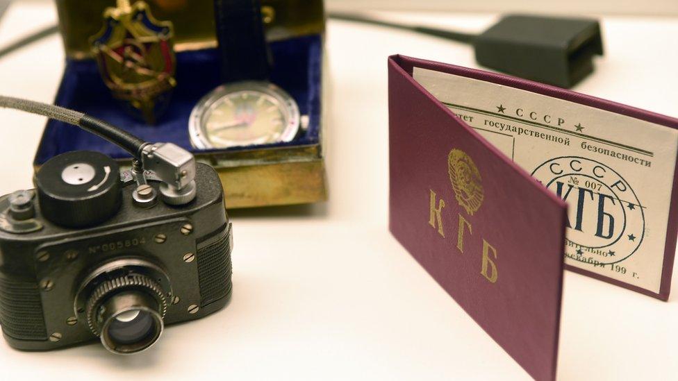 Paraphernalia belonging to KGB agent, including a minature camera, seen at the spy museum in Oberhausen, Germany