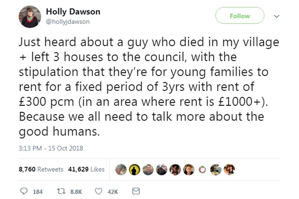 Holly Dawson's tweet about Jubilee Cottages