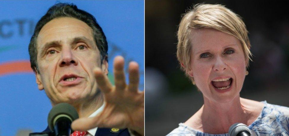 A composite picture of New York Governor Andrew Cuomo and his rival Cynthia Nixon