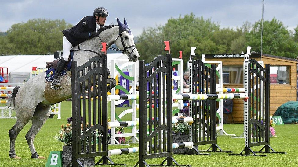 A horse and its rider compete in show-jumping at the Balmoral Show