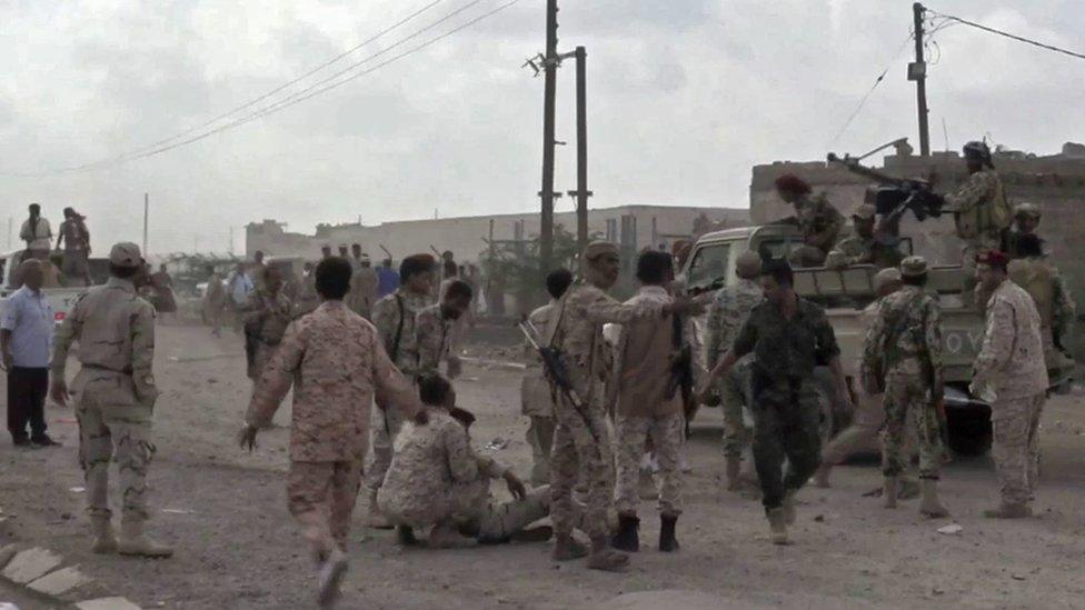 Screengrab taken from video showing Yemeni soldiers after a drone exploded above al-Anad military base in Lahj, Yemen (10 January 2019)