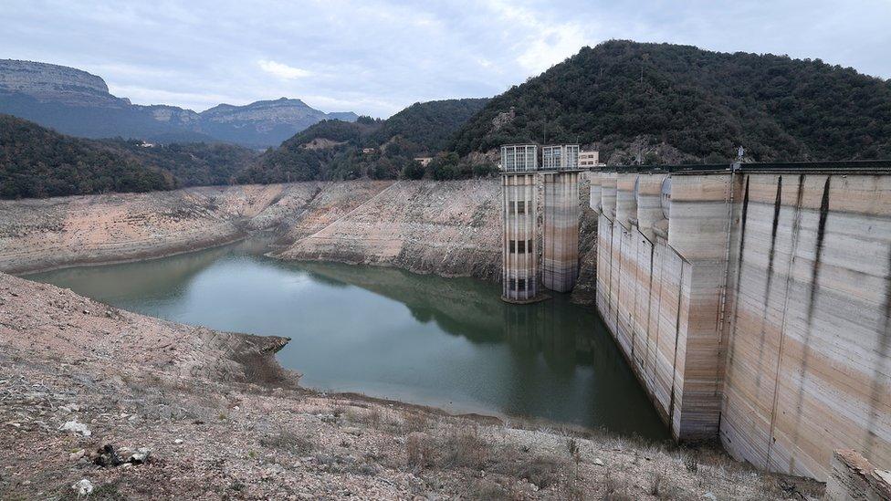 A view of the low water-level in the dam of Sau in the province of Girona in Catalonia on January 15, 2024