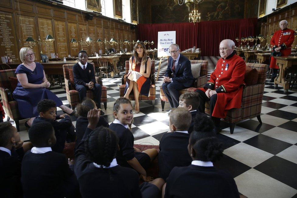 First Lady Melania Trump and Philip May, Theresa May's husband, visit the Royal Hospital in Chelsea, London