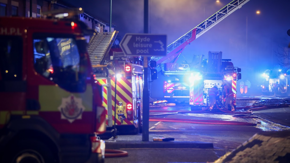 Fire engines at the scene in Tameside