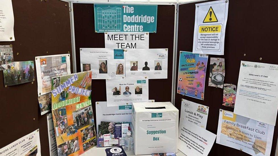 Notices surrounding a table showing details of events and people at the Doddridge Centre