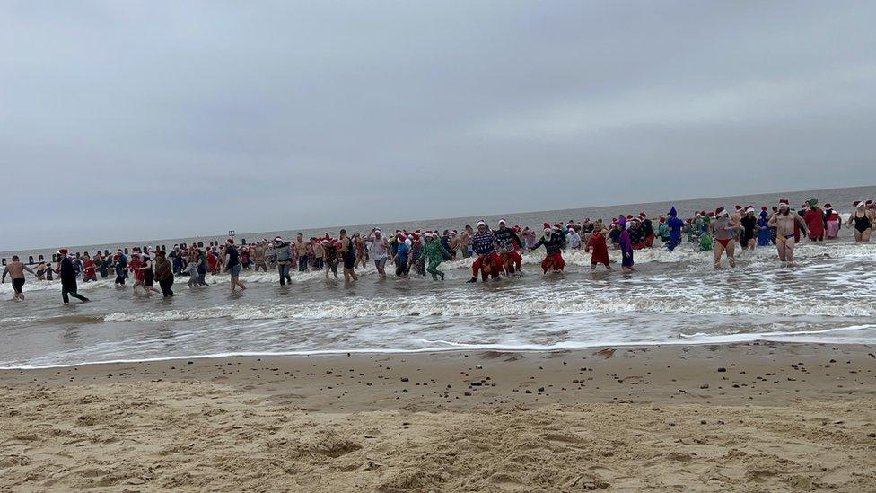 Swimmers in the North Sea at Lowestoft