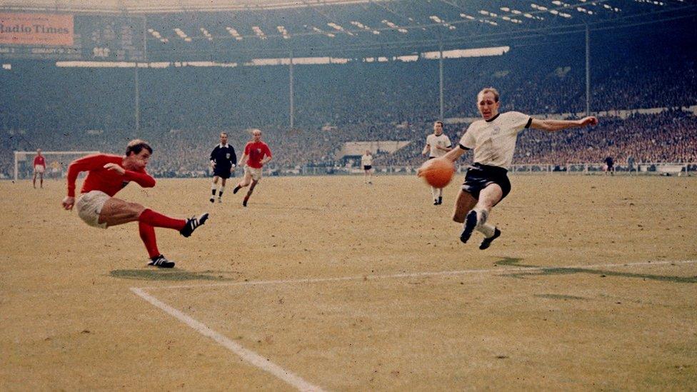 Geoff Hurst scores England's third goal against West Germany in the World Cup final at Wembley Stadium