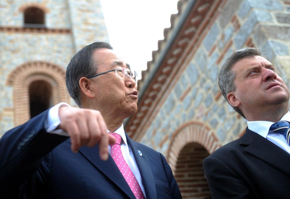 Ban Ki-moon in Macedonia in 2012, with then prime minister George Ivanov