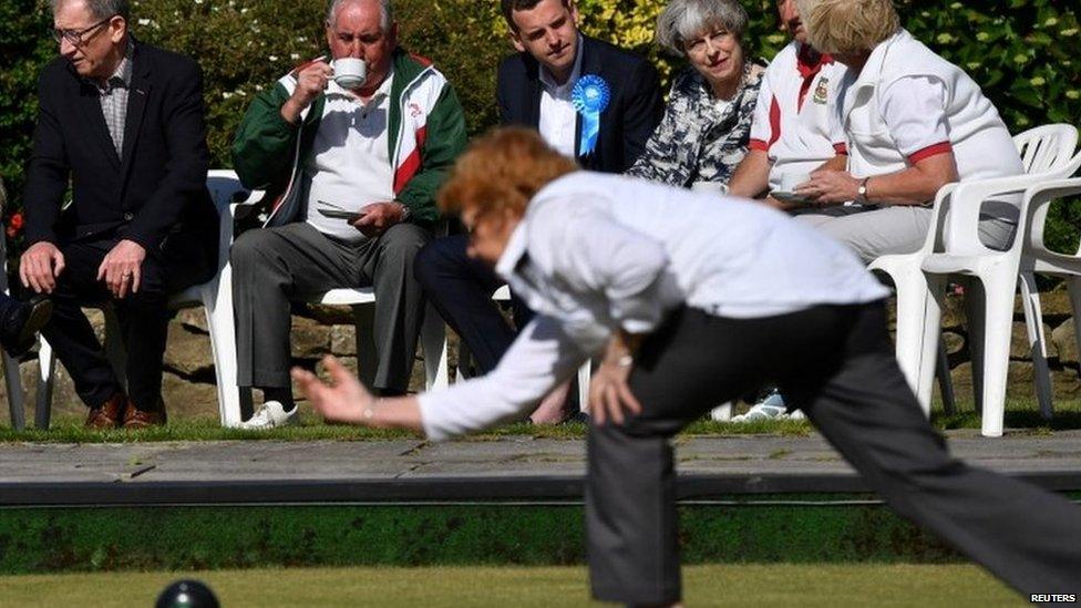 Theresa May and her husband Philip visits a bowls club during the election campaign