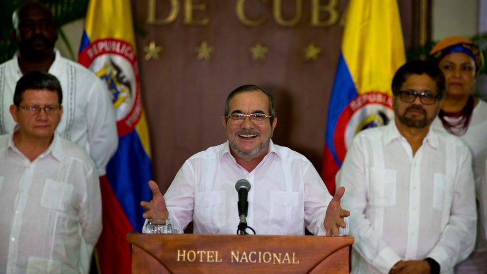 Farc commander Rodrigo Londono, better known as Timochenko or Timoleon Jimenez talks to the press in Havana, 28 August 2016