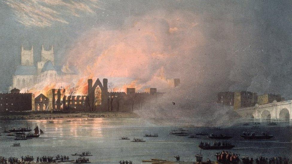 The Palace of Westminster on fire in 1834