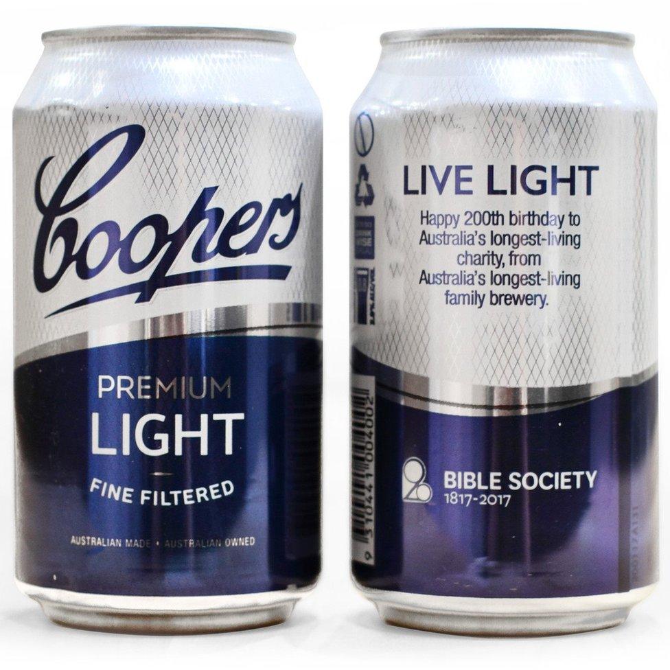 Coopers beer cans commemorating the Bible Society's 200th anniversary