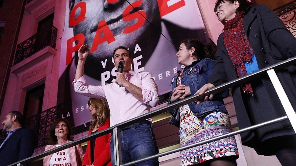 Prime Minister Pedro Sanchez addresses supporters outside PSOE headquarters in Madrid on April 28, 2019