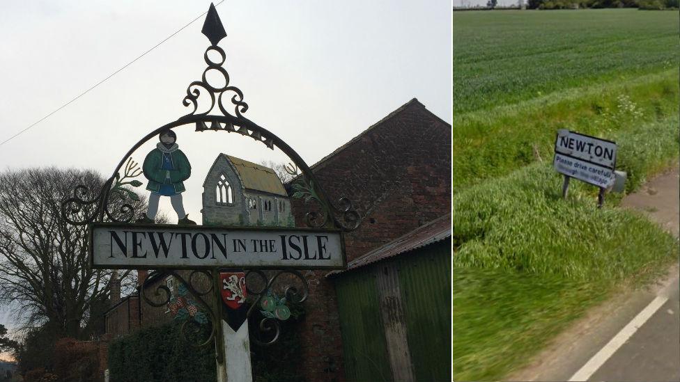 Newton village sign and road sign